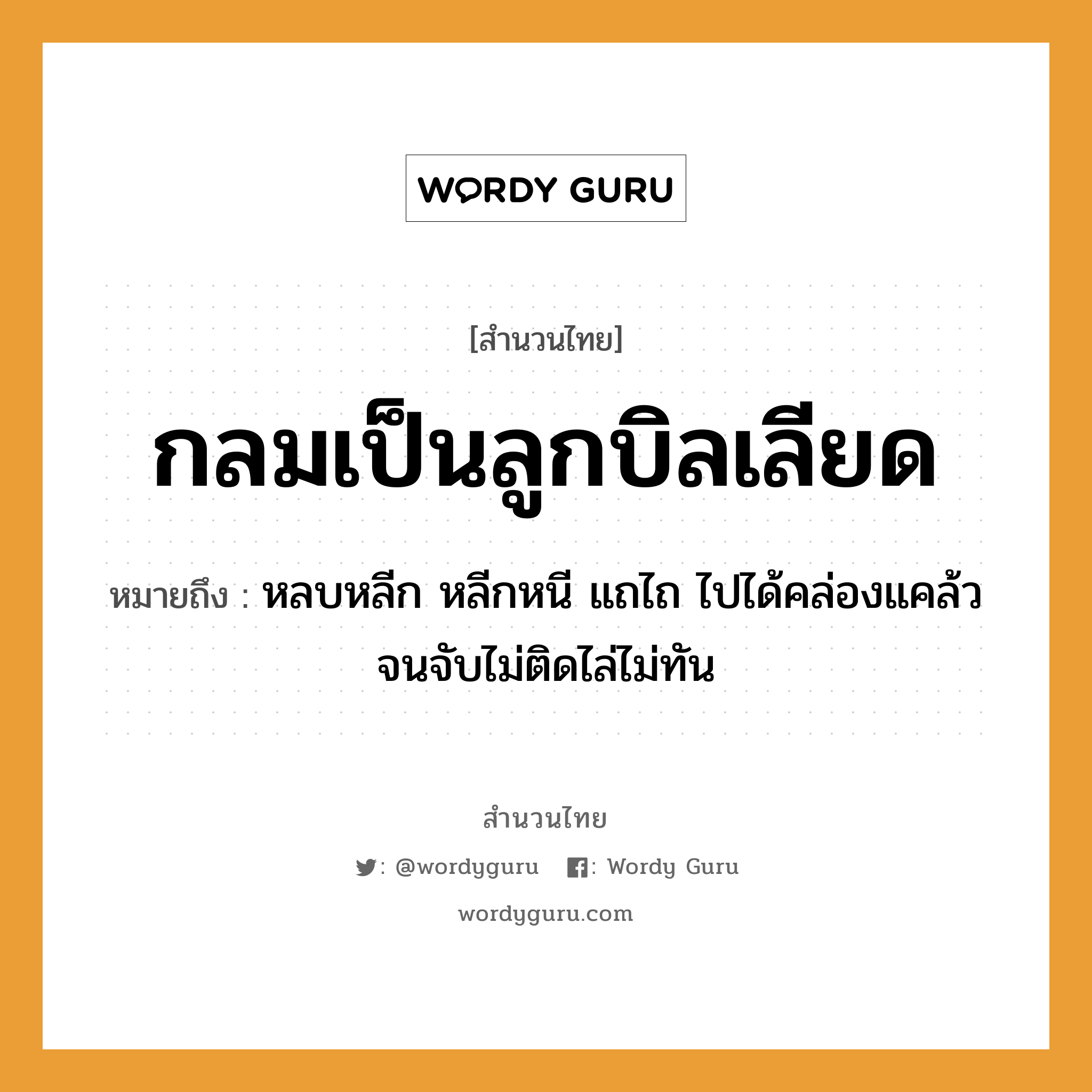 สำนวนไทย: กลมเป็นลูกบิลเลียด หมายถึง?, หมายถึง หลบหลีก หลีกหนี แถไถ ไปได้คล่องแคล้วจนจับไม่ติดไล่ไม่ทัน คำกริยา จับ ครอบครัว ลูก