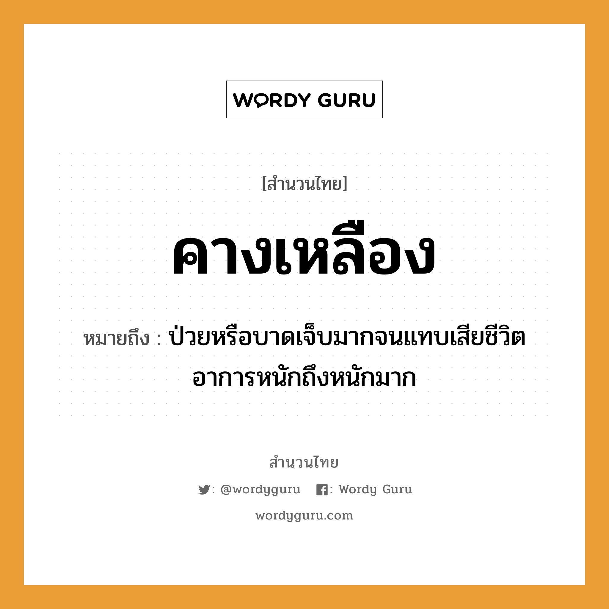 สำนวนไทย: คางเหลือง หมายถึง?, หมายถึง ป่วยหรือบาดเจ็บมากจนแทบเสียชีวิต อาการหนักถึงหนักมาก