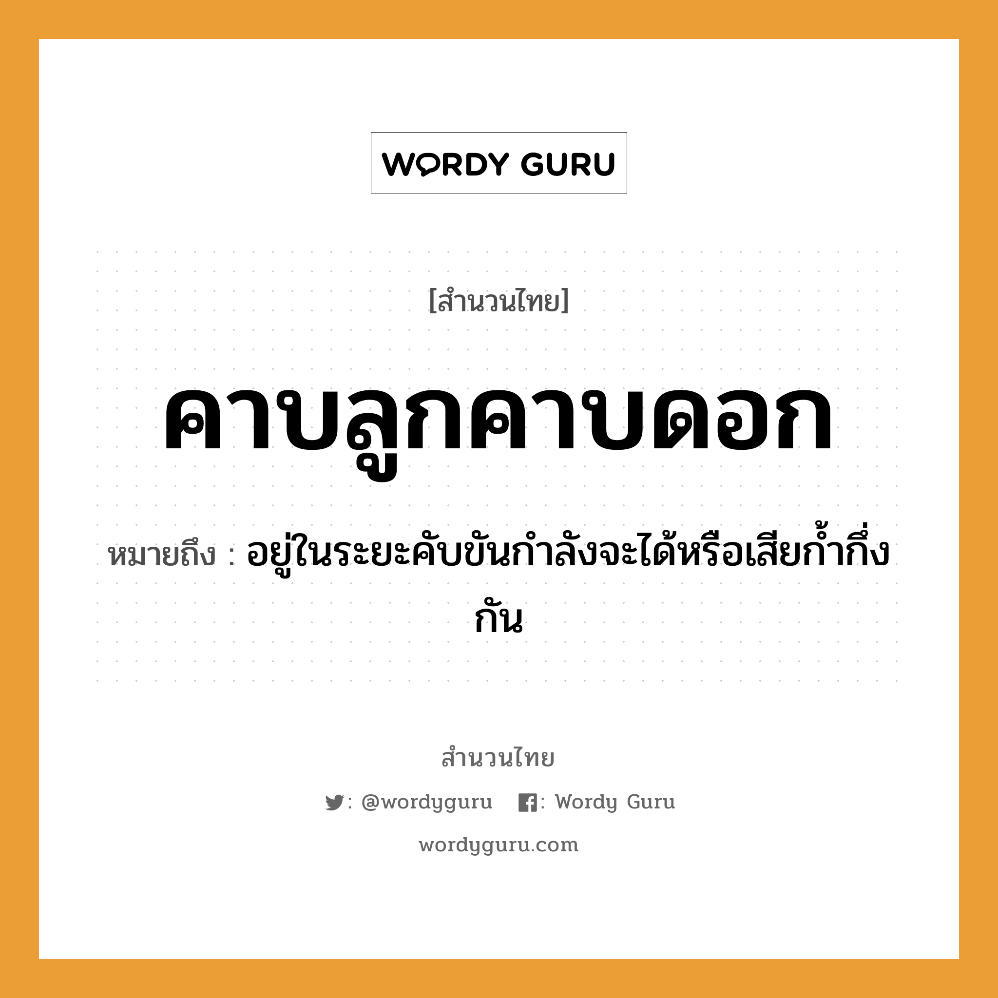 สำนวนไทย: คาบลูกคาบดอก หมายถึง?, หมายถึง อยู่ในระยะคับขันกำลังจะได้หรือเสียก้ำกึ่งกัน คำกริยา คาบ ครอบครัว ลูก